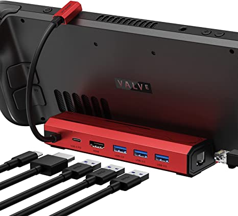 JSAUX Docking Station Compatible with Steam Deck, 6-in-1 Steam Deck Dock with HDMI 2.0 4K@60Hz, Gigabit Ethernet, 3 USB-A 3.0 and Full Speed Charging USB-C Port Compatible with Valve Steam Deck-Red