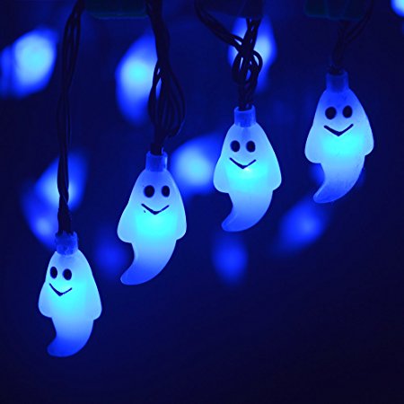 LEVIITEC Ghost Solar String Lights Outdoor Halloween Decorations 30 LED Decorative Lighting with Light Sensor 8 Modes for Garden, Patio, Home, Outdoor Holiday Decorations Waterproof 19.7ft Blue