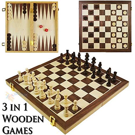3 in 1 Wooden Compendium Board Game Set Family Games Chess Backgammon Draughts