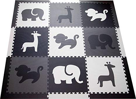 SoftTiles Kids Foam Play Mat - Safari Animals Theme- Nontoxic Puzzle Play Mats for Children's Playrooms or Baby Nursery- Large Floor Tiles for Crawling- Size 6.5 x 6.5 ft (Black, Gray, White) SCSAFBGW