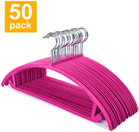 HOUSE DAY Premium Velvet Hangers - 50 Pack No Shoulder Bumps Suit Hangers with Chrome Hooks,Non Slip Space Saving Clothes Hangers,Heavyduty,Rounded Hangers for Coat,Jackets,Pants,Shirts,Hot Pink