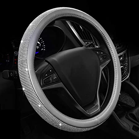 ZHOL Diamond Leather Steering Wheel Cover with Bling Bling Crystal Rhinestones, Universal Fit 15 Inch Anti-Slip Wheel Protector,Silver Grey