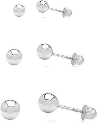 3 Pair Set 14k Gold Ball Stud Earrings 3mm, 4mm, 5mm with Secure Screw-Backs