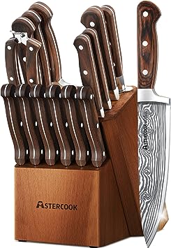 Astercook Knife Set, 15 Pcs Damascus Kitchen Knife Set With Block, German Stainless Steel Knife Block Set With Sharpener, Acacia wood block