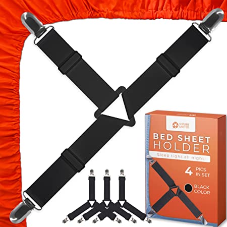 Bed Sheet Straps Set 4 pcs - Black Sheet Holders for Corners - Full Mattress Cover Fitted Sheet Clips to Hold Sheets in Place - Premium Nickel-Plated Bed Sheet Clips with Adjustable Bed Bands