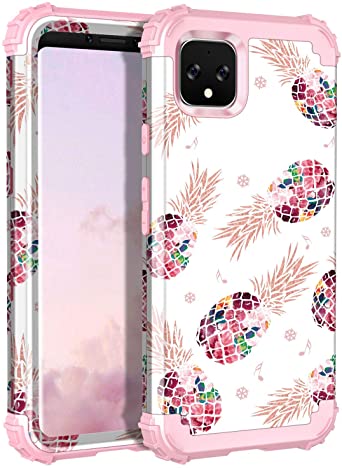 LONTECT for Google Pixel 4 Case Floral 3 in 1 Heavy Duty Hybrid Sturdy Armor High Impact Shockproof Protective Cover Case for Google Pixel 4 2019 Release, Pineapple/Rose Gold