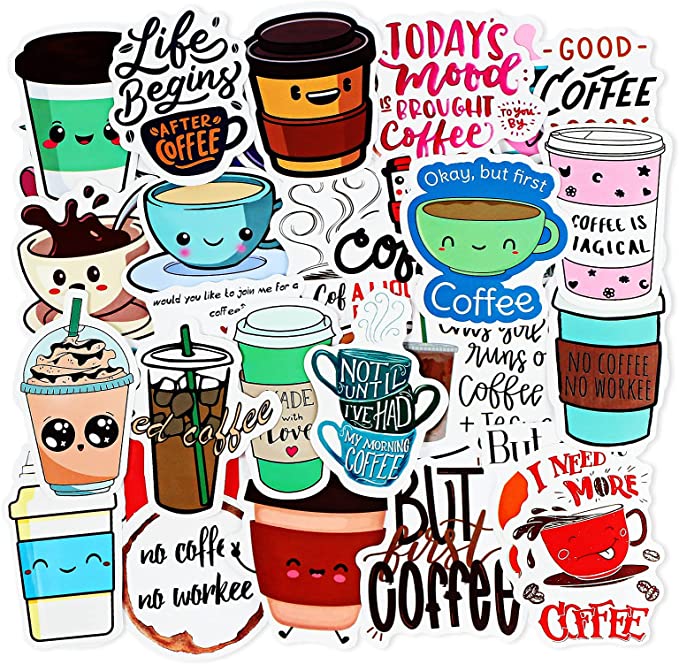 100 Pieces Cute Coffee Stickers Love Coffee Time Vinyl Waterproof Stickers Laptop Stickers for Kids Girls Teens Adults Water Bottles Bicycle Skateboard Luggage Decals Coffee Cup Sticker