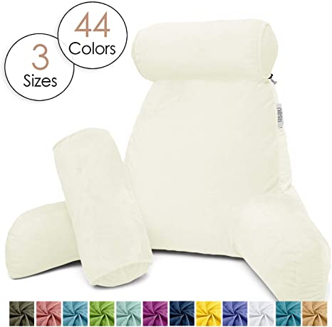 Nestl Reading Pillow, Includes 1 Extra Large Bed Rest Pillow with Arms   2 Detachable Pillows - Premium Shredded Memory Foam TV Pillow, Neck Roll & Lumbar Support Pillow - Set of 3 - Off White