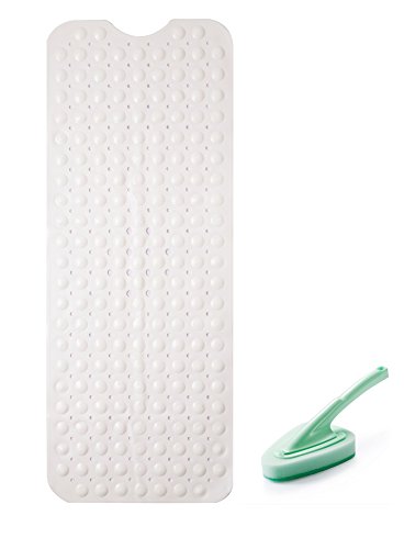 Somine Non-Slip Bathtub Mat   Cleaning Brush - White Mold Resistant Bathroom Shower Tub Matting with Strong & Safety Suction Cups on the Backside and Top Drain Holes | 100 X 40cm
