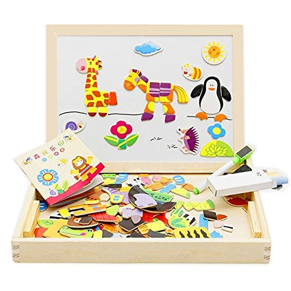 Lewo Wooden Magnetic Toys Double Side Drawing Easel Blackboard Doodle Puzzle Games for Boys Girls