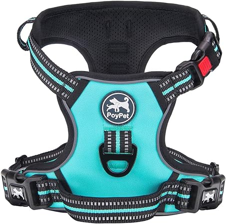 PoyPet No Pull Dog Harness, [Release at Neck] Reflective Adjustable No Choke Pet Vest with Front & Back 2 Leash Attachments(Mint Blue,M)