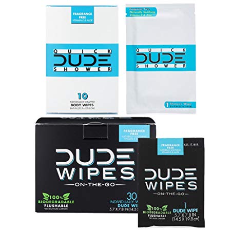 DUDE Wipes Flushable (30pk) & DUDE Shower Body Wipes (10pk), Unscented with Vitamin-E & Aloe, Individually Wrapped Singles for Travel