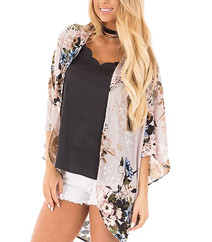 Women's 3/4 Sleeve Floral Kimono Cardigan, Sheer Loose Shawl Capes, Chiffon Beach Cover-Up, Casual Blouse Tops