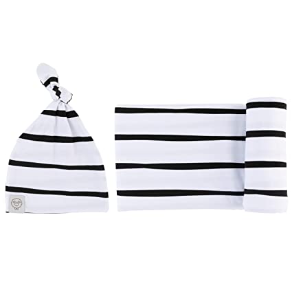 Adrienne Vittadini Bambini Jersey Cotton Spandex Swaddle Blankets 40"x40" with Baby Knot Hat - Stripes, Black (AVB-0037)