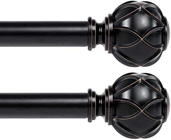 KAMANINA 1 Inch Curtain Rod Telescoping Single Drapery Rod 28 to 48 Inches (2.3-4 Feet) 2 Pack, Netted Texture Finials, Black