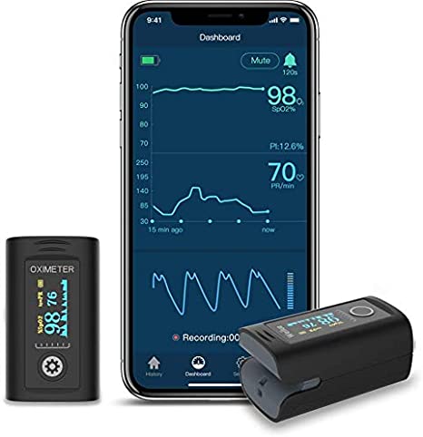 Viatom Pulse Oximeter with Free APP for Adult and Child, Oxygen Saturation Monitor for Heart Rate Blood Oxygen Saturation Includes Carrycase and Lanyard (Bluetooth)