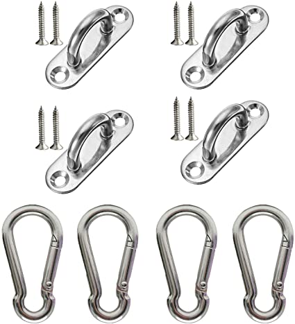 Goiio 2.36 inch Stainless Steel Ceiling Hook Ring Hooks Pad Eye Plate and Snap Hook Marine Hardware Staple Hook Loop with Screws Set of 8.