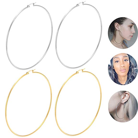 LXBSIYI Huge Gold Hoop Earrings for Women - Stainless Steel Plated 10k Gold Hooped Earrings for Women,Large 2 Hoop Earrings for Women