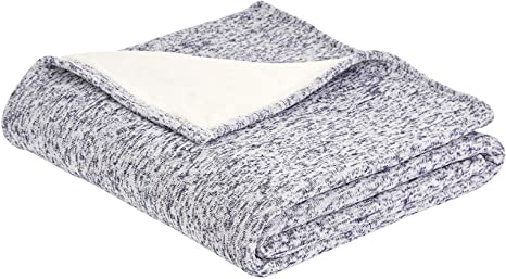 AmazonBasics Reversible Heather Knitted & Sherpa Throw Blanket - 50 x 60 Inch, Blue