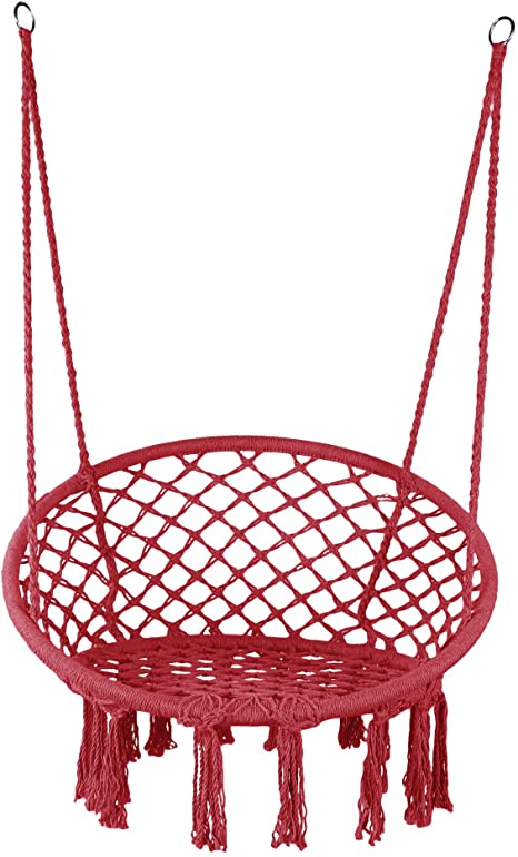 LAZZO Hammock Chair Hanging Knitted Mesh Cotton Rope Macrame Swing, 260 Pounds Capacity, 23.6" Seat Width,for Bedroom, Outdoors, Garden, Patio, Yard. Child, Girl, Adult(Red)