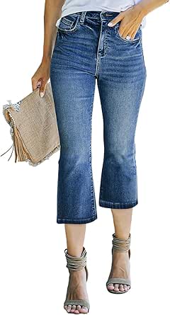 Sidefeel Women's High Waisted Capri Jeans Bell Bottoms Bootcut Summer Denim Flare Pants