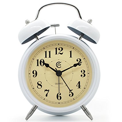 JCC 4" Decorative Vintage Twin Bell Non Ticking Sweep Second Hand Arabic Numerals Quartz Alarm Clock with Nightlight and Loud Alarm (White)