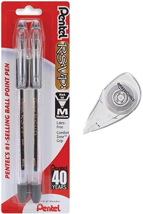 Pentel R.S.V.P. Medium Ballpoint Pens 1.0mm 2/Pkg Black, With Correction Tape