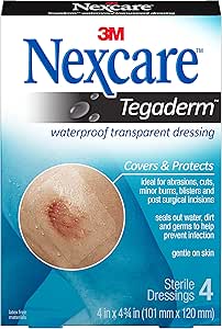 Nexcare Tegaderm Waterproof Transparent Dressing, Provides protection to minor burns, cuts, blisters and abrasions, 4 Ct, 4 In x 4 3/4 In