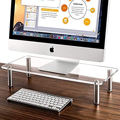 Nekmit Clear Acrylic Computer Monitor Stand Space Saver Desktop Riser with Matte Aluminum Legs, 9.5 x 22 Inches