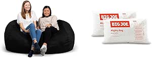 Big Joe Fuf XXL Foam Filled Bean Bag Chair with Removable Cover, Black Plush, Soft Polyester & Bean Refill 2 Pack Polystyrene Beans for Bean Bags or Crafts, 100 Liters per Bag