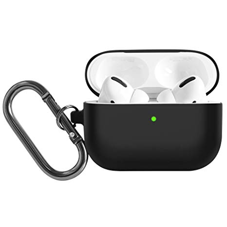 DamonLight Airpods Pro Case Cover with Carabiner Keychain Compatible with Air pods Pro「Front LED Visible」Protective Silicone Airpods Pro Case(Black)