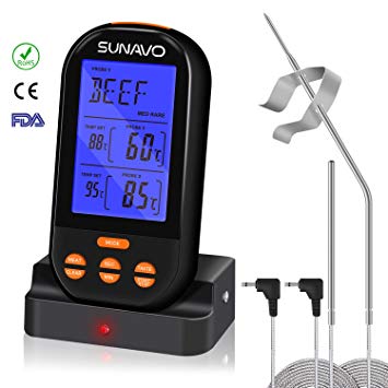 Sunavo MT-05 Wireless Thermometer Grilling Meat Digital with Timer Alarm for Grilling Oven Kitchen Smoker BBQ Grill with Dual Temperature Probe