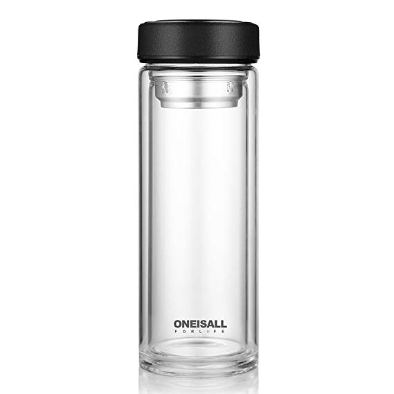 ONEISAll 500ML Double-wall Borosilicate Glass Drinking Water Bottle Tea Mug Cup Thermos Tumbler, GYBL110 (Black)