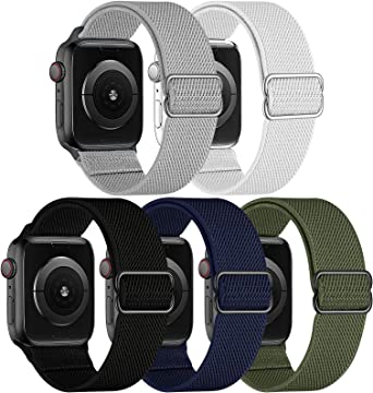 GBPOOT 5 Packs Nylon Stretch Band Compatible with Apple Watch,Adjustable Soft Sport Breathable Loop for Iwatch Series 7/6/5/4/3/2/1/SE,Balck/Army Green/Midnight Blue/Light Gray/White,38/40/41mm