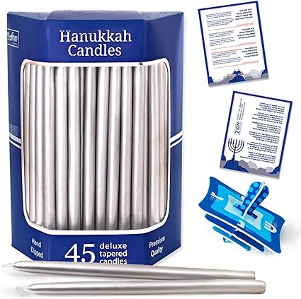 Aviv Judaica Premium Dripless Hanukkah Candles Metallic Silver Hand Dipped Candle Set of 45 Decorative Chanukah Flames Fits Standard Menorahs Product of Turkey DIY Dreidel & Prayer Card Included