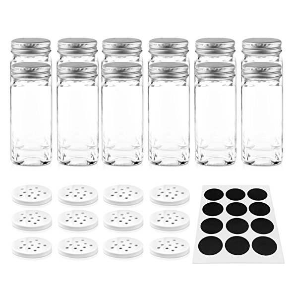 Nellam 12 Square Spice Jars Set with Shaker Tops and Sticker Labels  4oz Clear Glass Containers with Silver Top  Kitchen Organizer Bottles for Pepper Salt Herbs and Spices