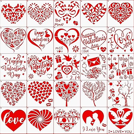 25 Pieces Valentine's Day Stencils Love Tree Heart Leaf Templates Reusable Mylar Stencil Template Rose Envelope Stencils with Metal Open Ring for DIY Painting on Wood Wall Canvas Home Decor