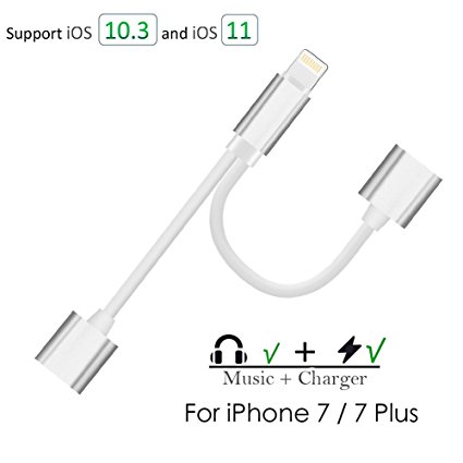 iPhone 7 Adapter, Sprtjoy Dual Lightning Headphone Audio & Charge & Call Adapter Splitter for iPhone X,iPhone 8/8Plus,iPhone 7/7Plus,Support for iOS 10.3 and Later (Silver)