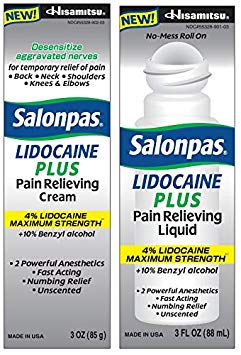 Salonpas LIDOCAINE PLUS 3 oz Pain Relieving Cream and 3 oz ROLL ON w/ Mess Free Application! Maximum Strength 4% Lidocaine for Numbing Pain Relief!