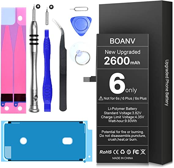 BOANV 2600mAh Battery for iPhone 6,(Upgraded) Ultra High Capacity Replacement New 0 Cycle Battery, with Professional Replacement Tool Kits - 1 Year Service