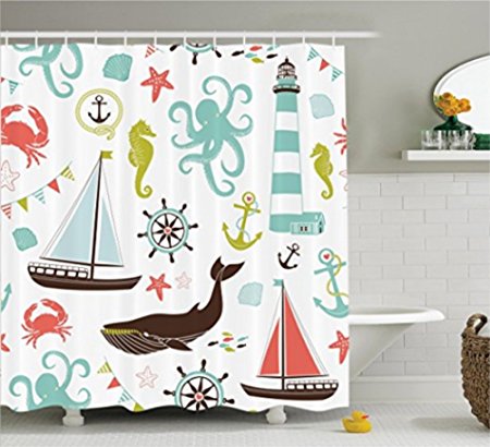 Chengsan Fabric Shower Curtain, Whale Shark Seahorse Sea Creatures Rope and Anchor Octopus Coral Crab Marine Lighthouse Ocean Theme Home Decor Bathroom Nautical Coastal, Coral Turquoise Brown