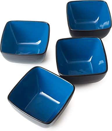 AmorArc 32oz Square Cereal Soup Bowls Set, Stoneware Bowls Set of 4 for Kitchen, Large Bowls for Cereal,Soup,Meal, Microwave & Dishwasher Safe-Blue Inside