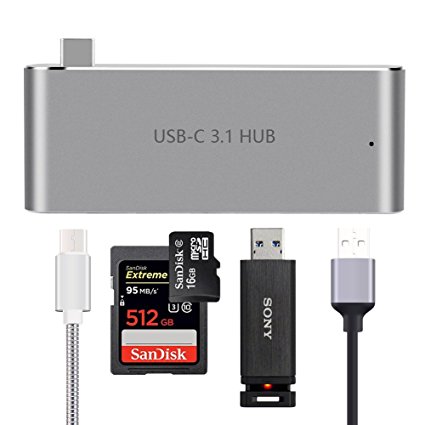 USB C Hub, Aluminum Type-C Pro Hub Adapter for 2016/2017 MacBook Pro, Pass-Through Charging, SD/Micro Card Reader and 2 USB 3.0 Ports (Space Gray), by LTS FUTURE ((Hub01))