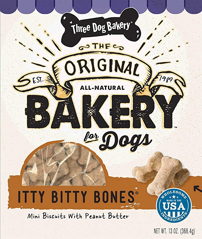 Three Dog Bakery Itty Bitty Bones Baked Dog Treats, Peanut Butter, 13 Oz