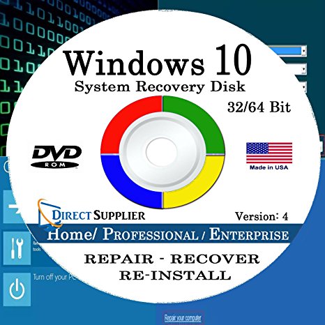 Windows 10 - 32/64 Bit DVD SP1, Supports All Versions. Home, Professional, and Enterprise. Recover, Repair, Restore or Re-install Windows to Factory Fresh!
