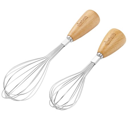 Chefaith 2-Pcs Stainless Steel Balloon Whisk, 9" & 7" [Wooden Handle for Nice Grip] - Premium Quality Kitchen Whisks, Egg Beater, Milk Frother, Perfect for Mixing, Blending, Beating & Stirring