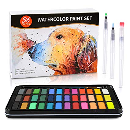 Watercolor Paint Set- 36 Joyful Colors in a Lightweight Metal Case - 1 Detail Paint Brush-3 Water Brush Pens-8 pcs 300G Watercolor Paper in a Great Gift Box for Kids and Art Lovers