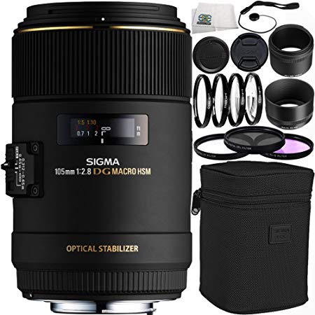 Sigma 105mm f/2.8 EX DG OS HSM Macro Lens for Canon EOS Cameras 14PC Accessory Kit. Includes Manufacturer Accessories   3PC Filter Kit (UV-CPL-FLD)   4PC Macro Filter Set ( 1, 2, 4,10)   MORE