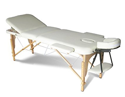 FoxHunter Deluxe Portable Lightweight Massage Table Beauty Couch Therapy Bed Folded 3 Section Wooden Frame Beige with Headrest Armsupport Free Cover and Carrying Bag