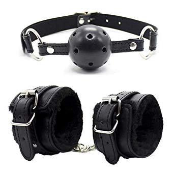 Open Breathable Mouth Ball and Soft Fur Leather Handcuffs Black
